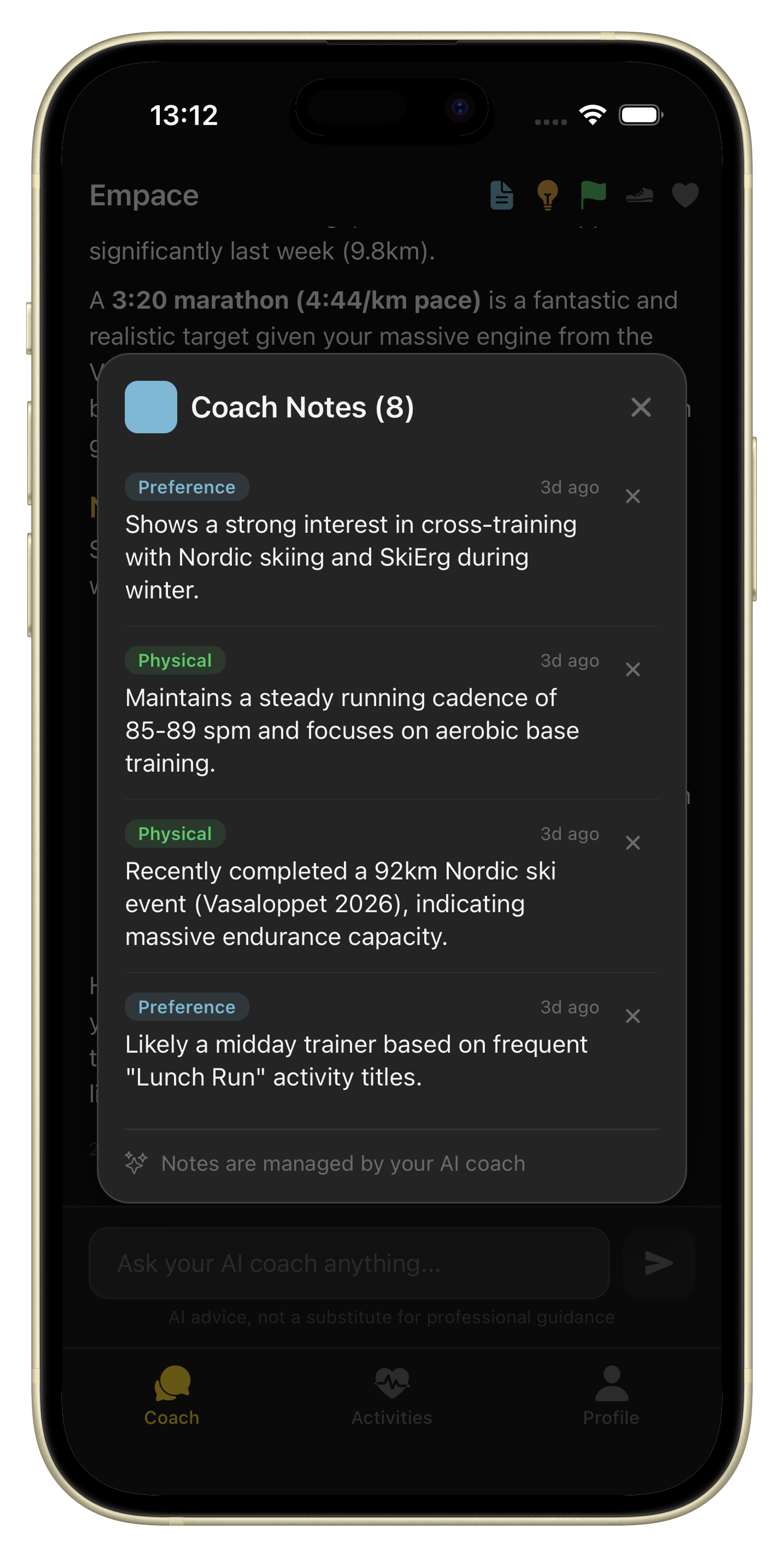Coach notes screen