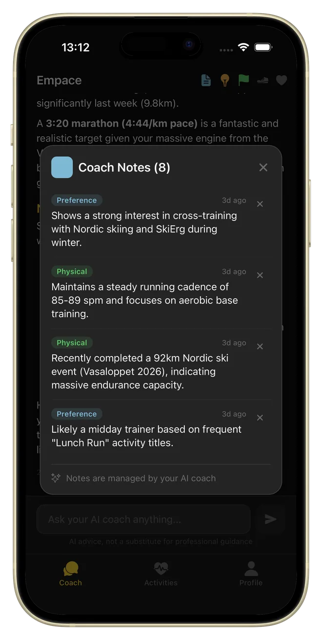 Coach notes screen where the AI coach remembers preferences, physical condition, and training context