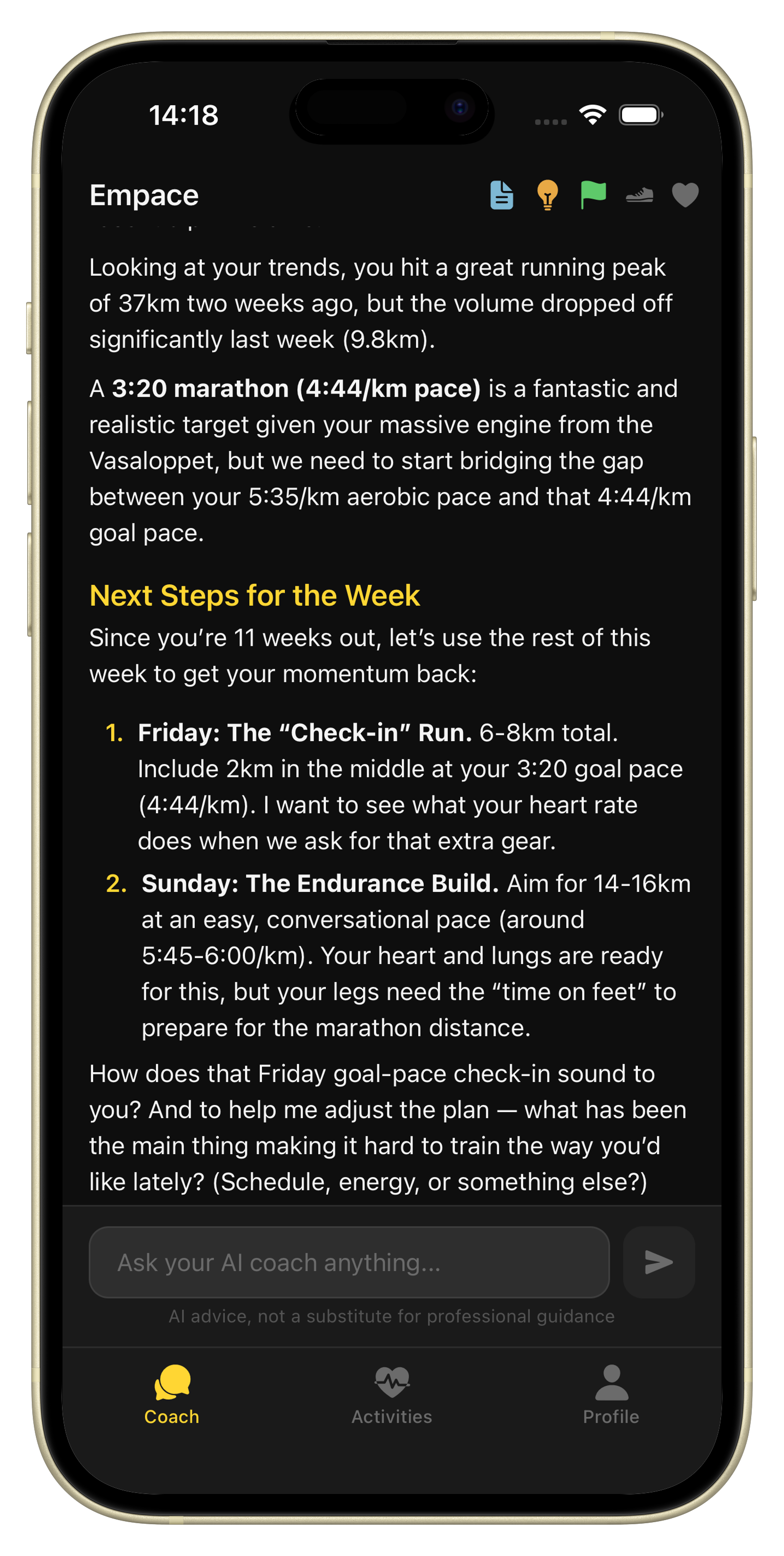 Empace AI coach giving a personalized weekly training plan