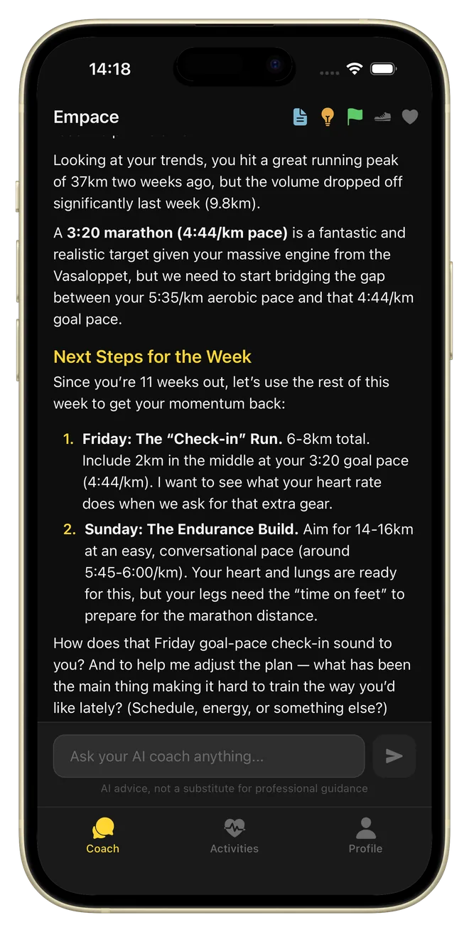 Empace AI coach analyzing a runner's training and laying out next steps for the week toward a 3:20 marathon