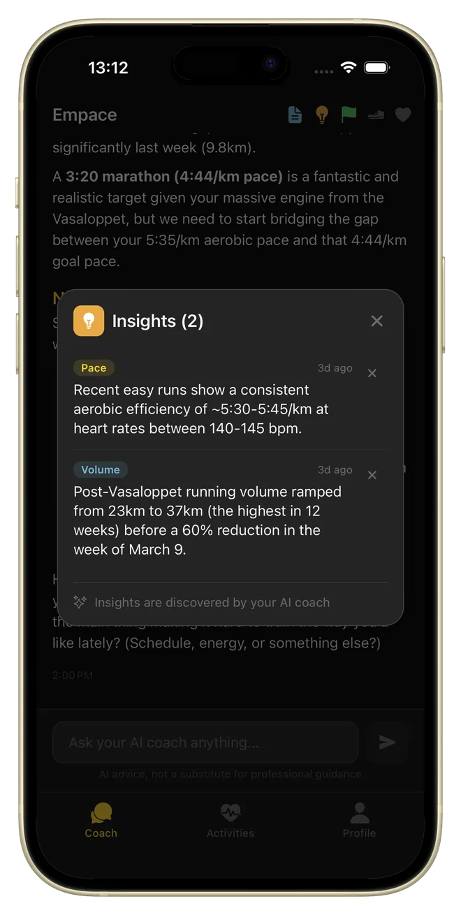 Insights panel showing AI-discovered observations on pace (aerobic efficiency at easy pace) and volume (weekly running volume trend)