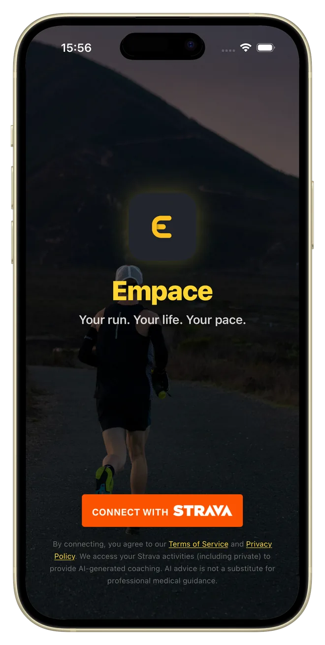 Empace sign in screen with a Connect with Strava button
